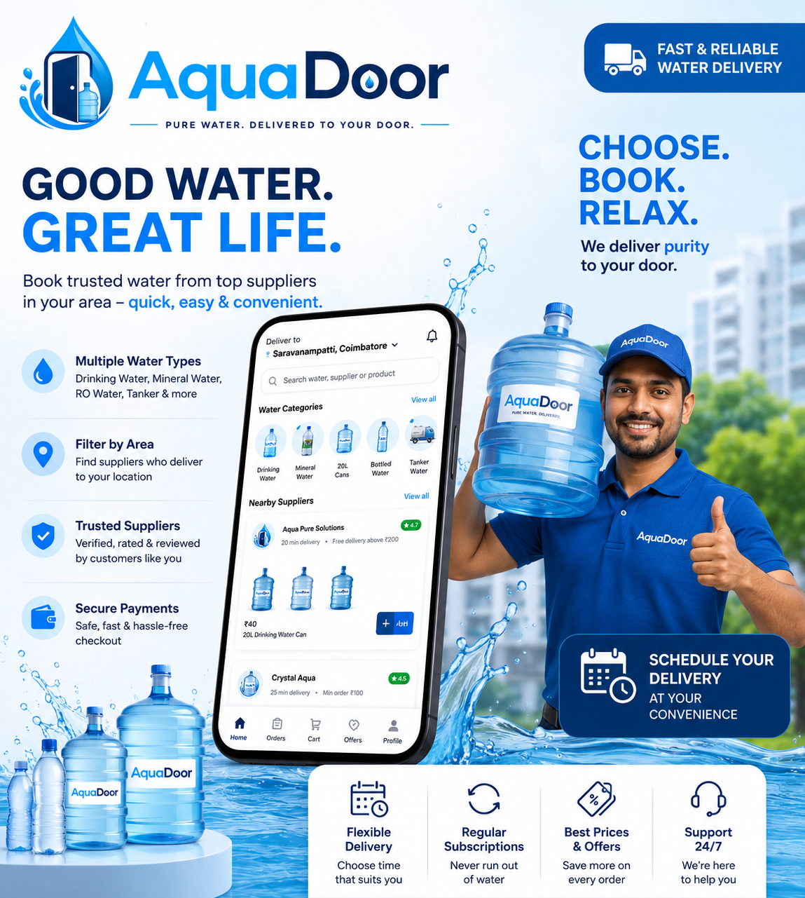 AquaDoor mobile app — order water, choose suppliers and schedule delivery