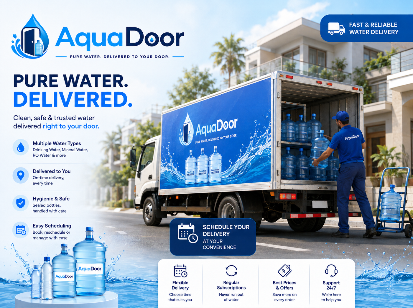 AquaDoor delivery vehicle unloading water cans at a residence
